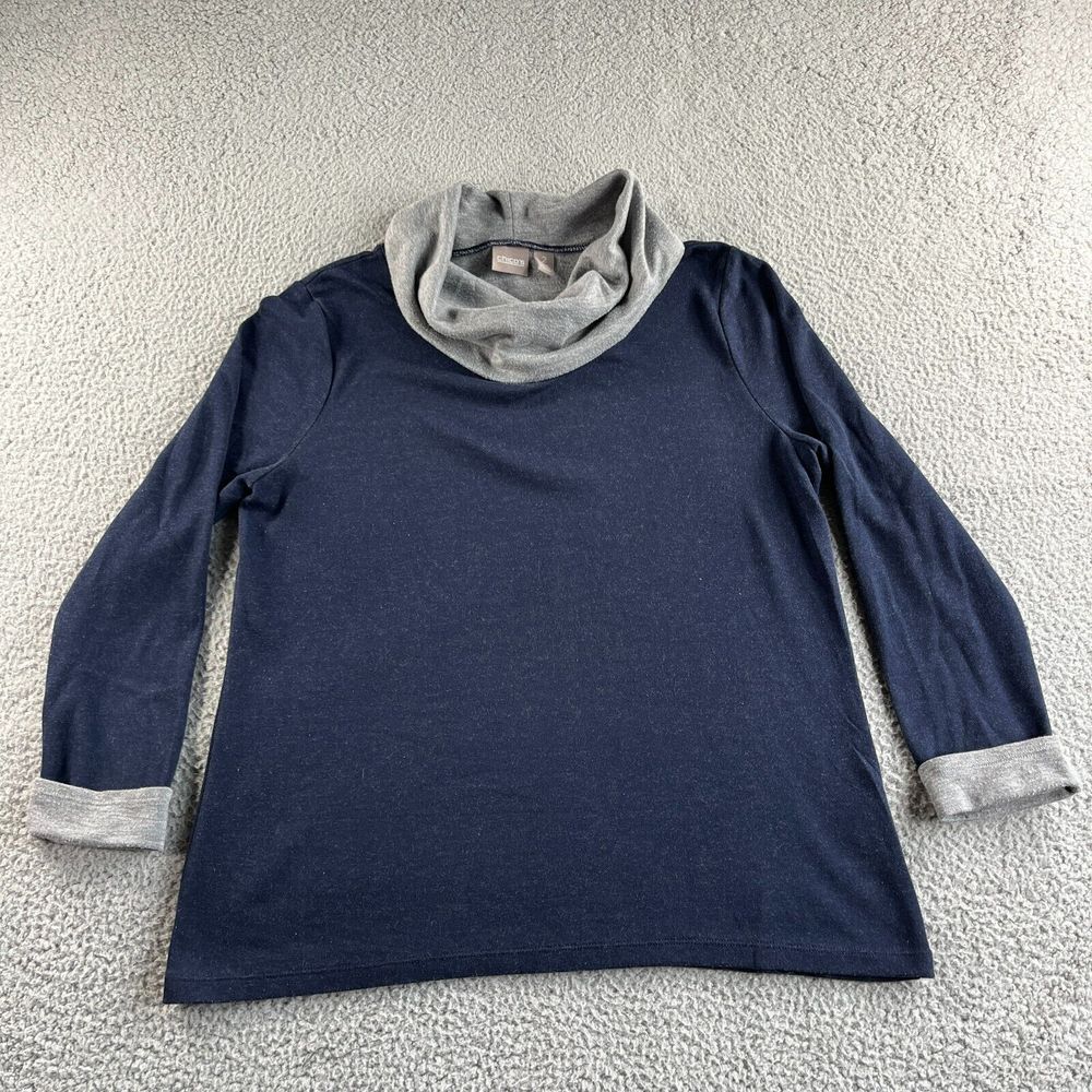 Vintage Chico's Sweater Womens Large 2 Blue Gray Cowl Neck Rayon Blend Casual